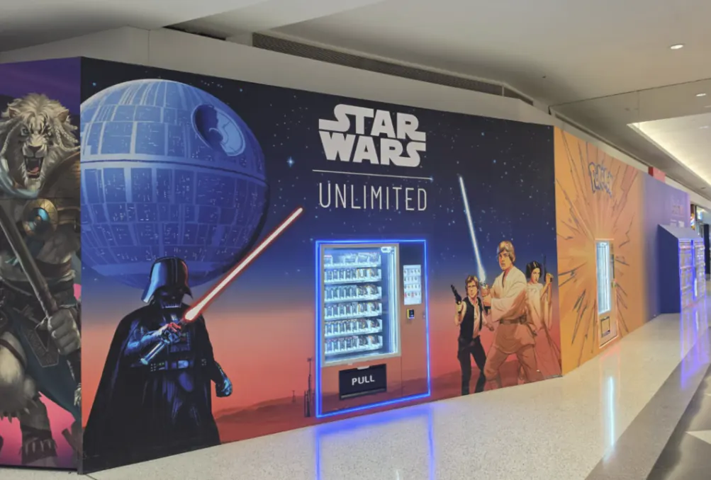 Wall of Star Wars themed gacha capsule machines at Sunshine Marketplace